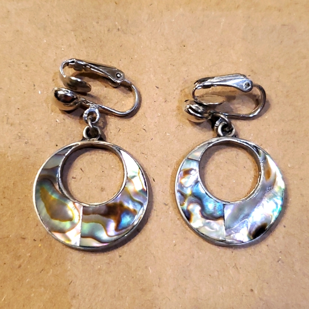 Vintage abalone shell dangle clip on earrings